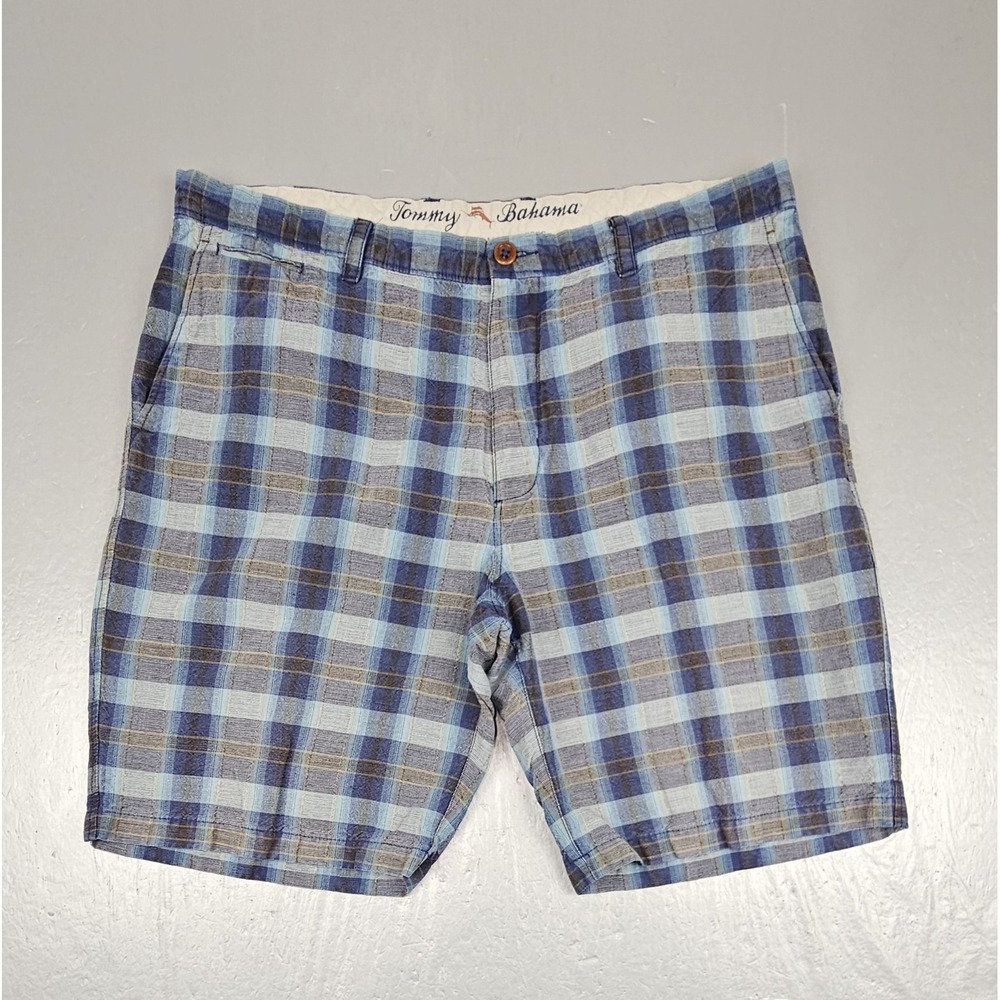 Tommy Bahama Shorts Mens 38 Blue‎ Plaid Linen Tencel Pocket Casual Flat Front